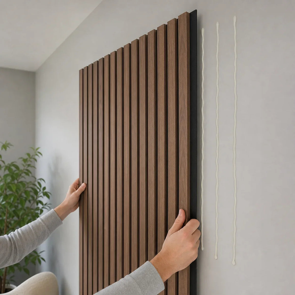 Pose collée d’un panneau mural à tasseaux en bois sur un mur intérieur Image