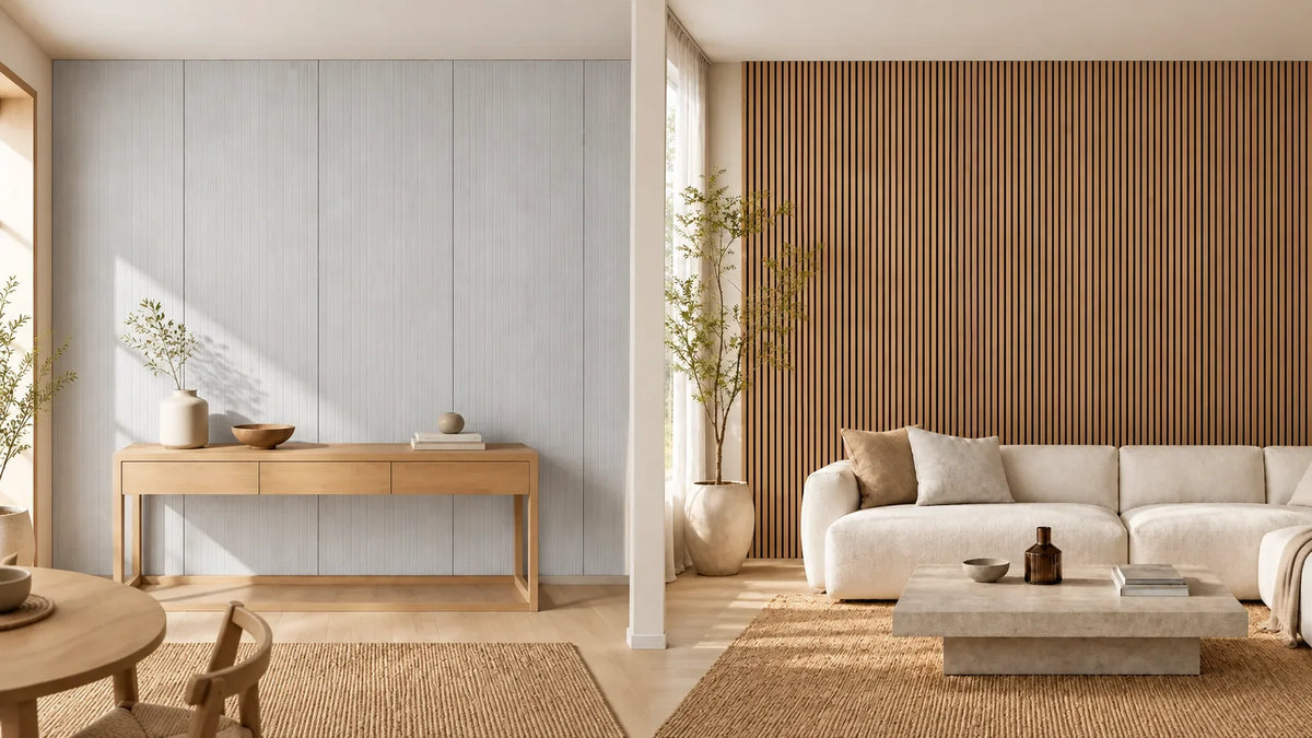 Comparaison entre panneau mural en feutre PET gris clair et panneau acoustique à tasseaux en chêne naturel Image