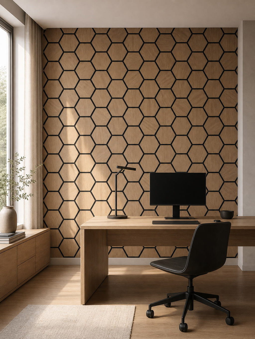 Panneaux acoustiques hexagonaux en chêne naturel dans un bureau contemporain
