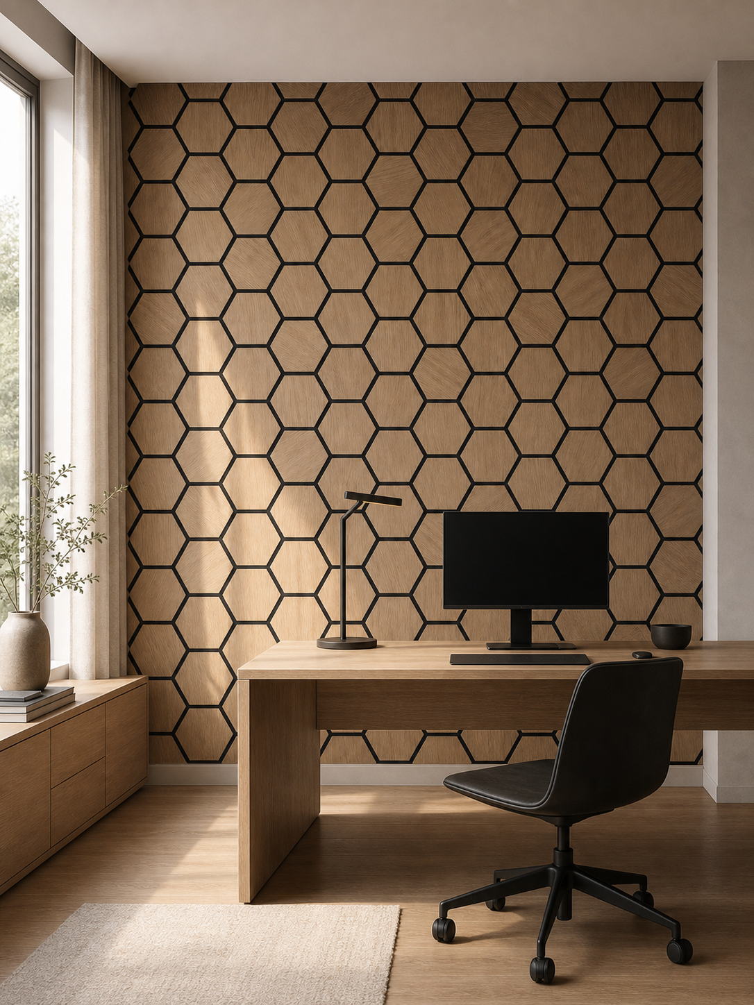 Panneaux acoustiques hexagonaux en chêne naturel dans un bureau contemporain