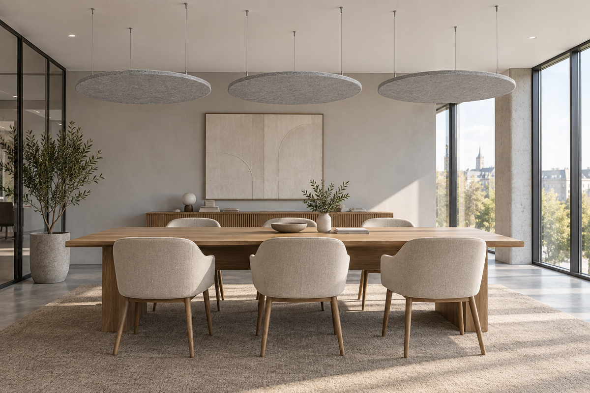 Nuages acoustiques circulaires gris suspendus au-dessus d’une table de réunion — illustration d’agencement