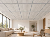 Dalle acoustique de plafond en bois, finition chêne blanchi, installée dans un salon contemporain