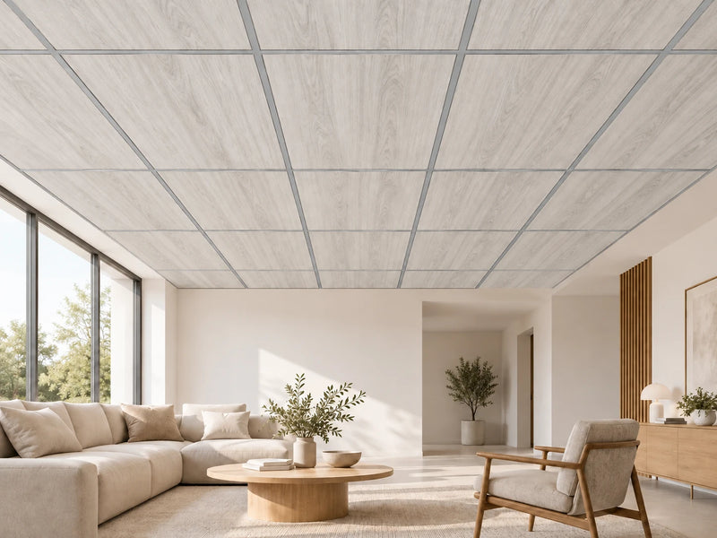 Dalle acoustique de plafond en bois, finition chêne blanchi, installée dans un salon contemporain