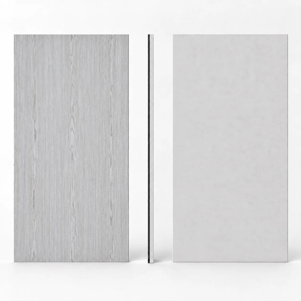 Dalle acoustique de plafond en bois, finition chêne blanchi, vues de face, dos et profil