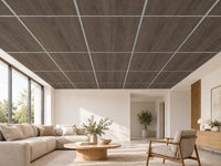 Dalle acoustique de plafond en bois, finition chêne gris foncé, installée dans un salon contemporain