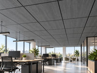 Dalle acoustique de plafond en bois, finition chêne fumé, installée dans un bureau contemporain
