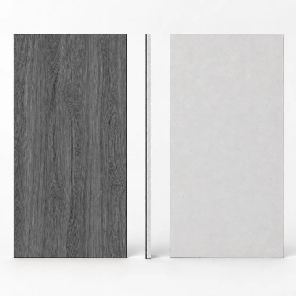Dalle acoustique de plafond en bois, finition chêne gris foncé, vues de face, dos et profil
