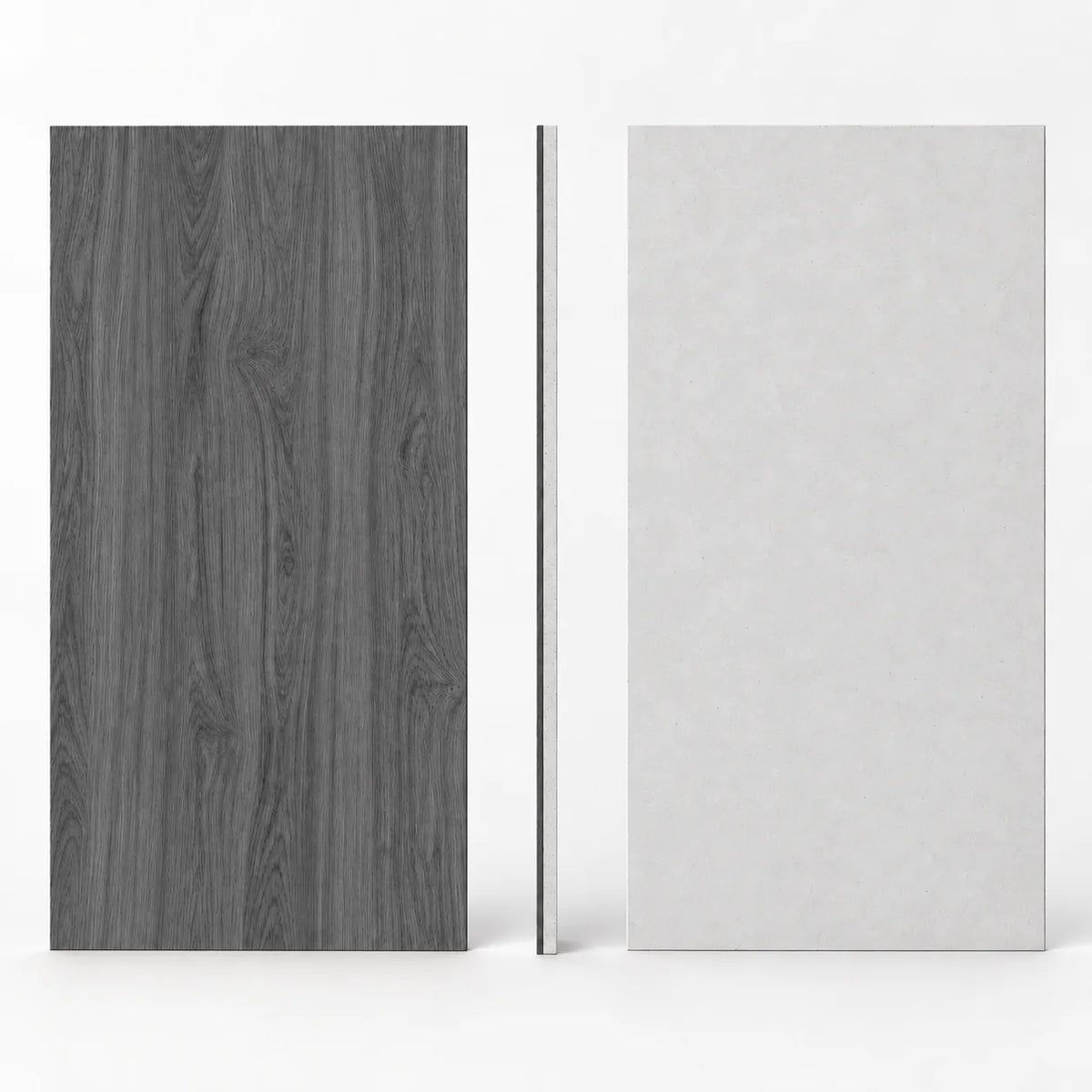 Dalle acoustique de plafond en bois, finition chêne gris foncé, vues de face, dos et profil