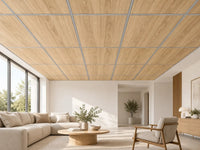 Dalle acoustique de plafond en bois, finition chêne naturel, installée dans un salon contemporain