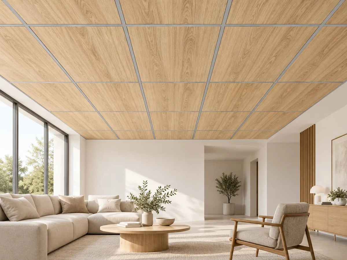 Dalle acoustique de plafond en bois, finition chêne naturel, installée dans un salon contemporain