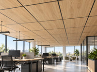 Dalle acoustique de plafond en bois, finition chêne naturel, installée dans un bureau contemporain
