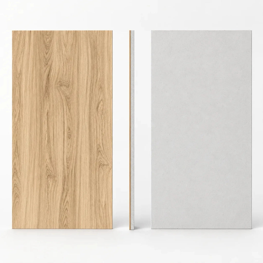 Dalle acoustique de plafond en bois, finition chêne naturel, vues de face, dos et profil