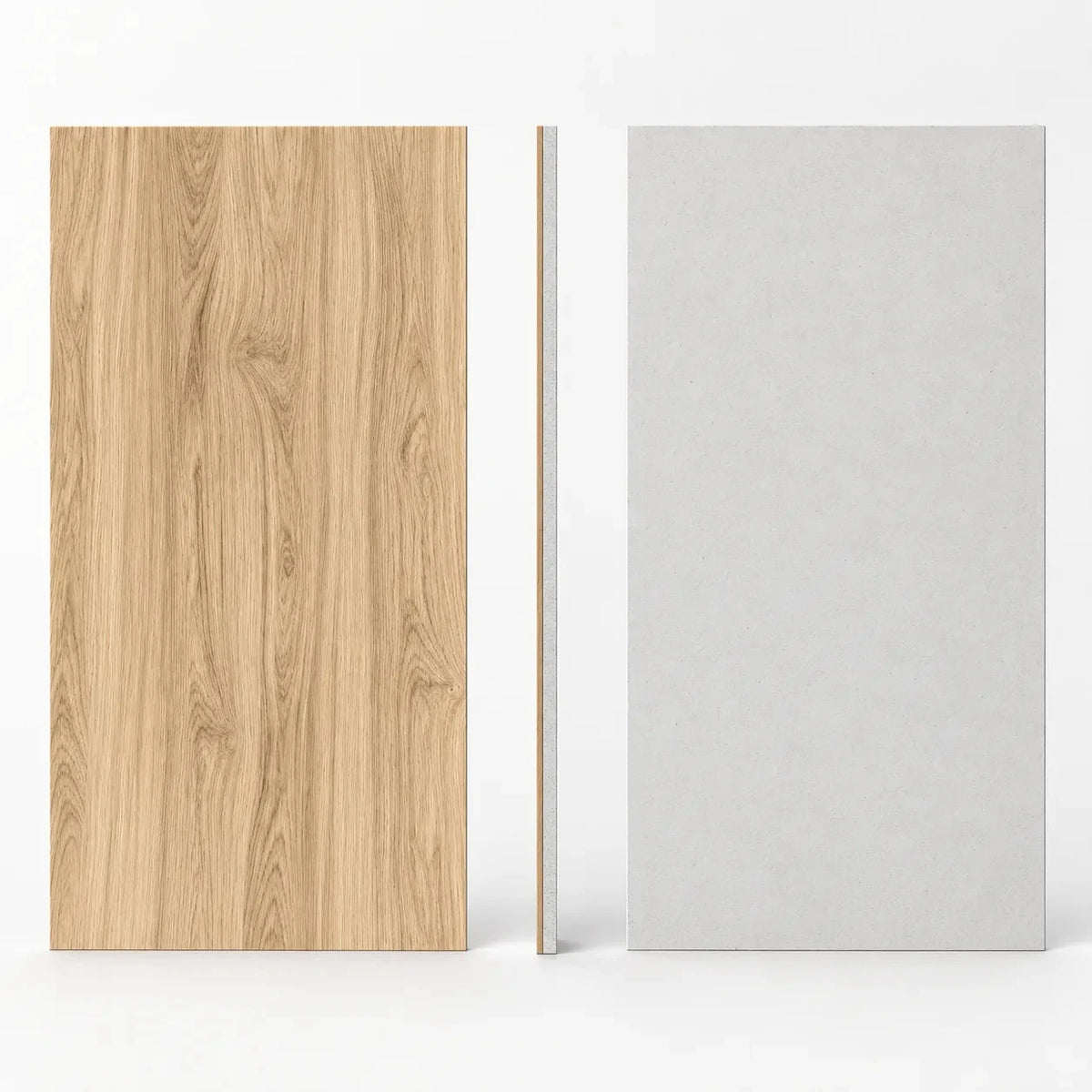 Dalle acoustique de plafond en bois, finition chêne naturel, vues de face, dos et profil