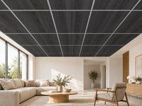 Dalle acoustique de plafond en bois, finition frêne noir, installée dans un salon contemporain