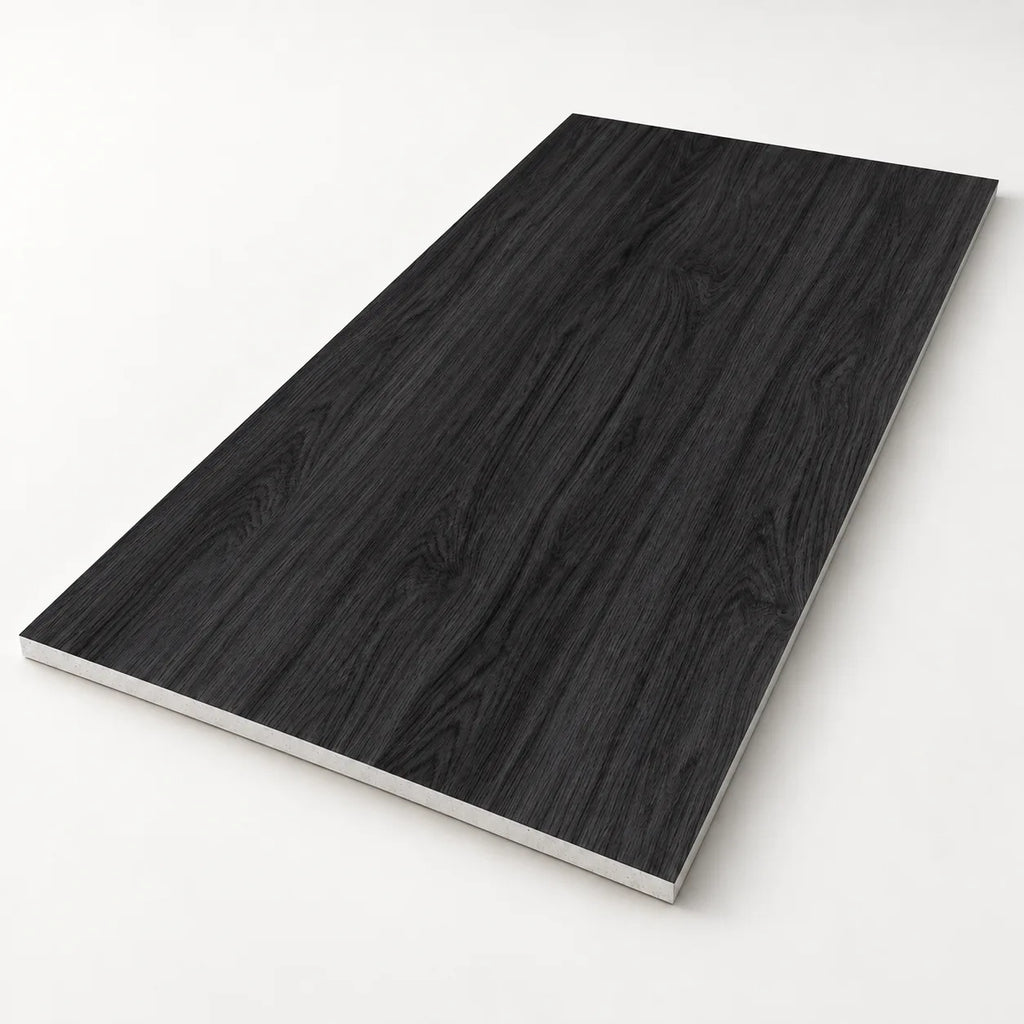 Dalle acoustique de plafond en bois, finition frêne noir, vue du produit