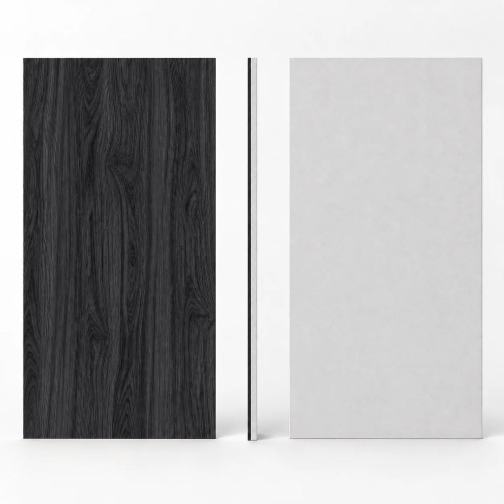 Dalle acoustique de plafond en bois, finition frêne noir, vues de face, dos et profil