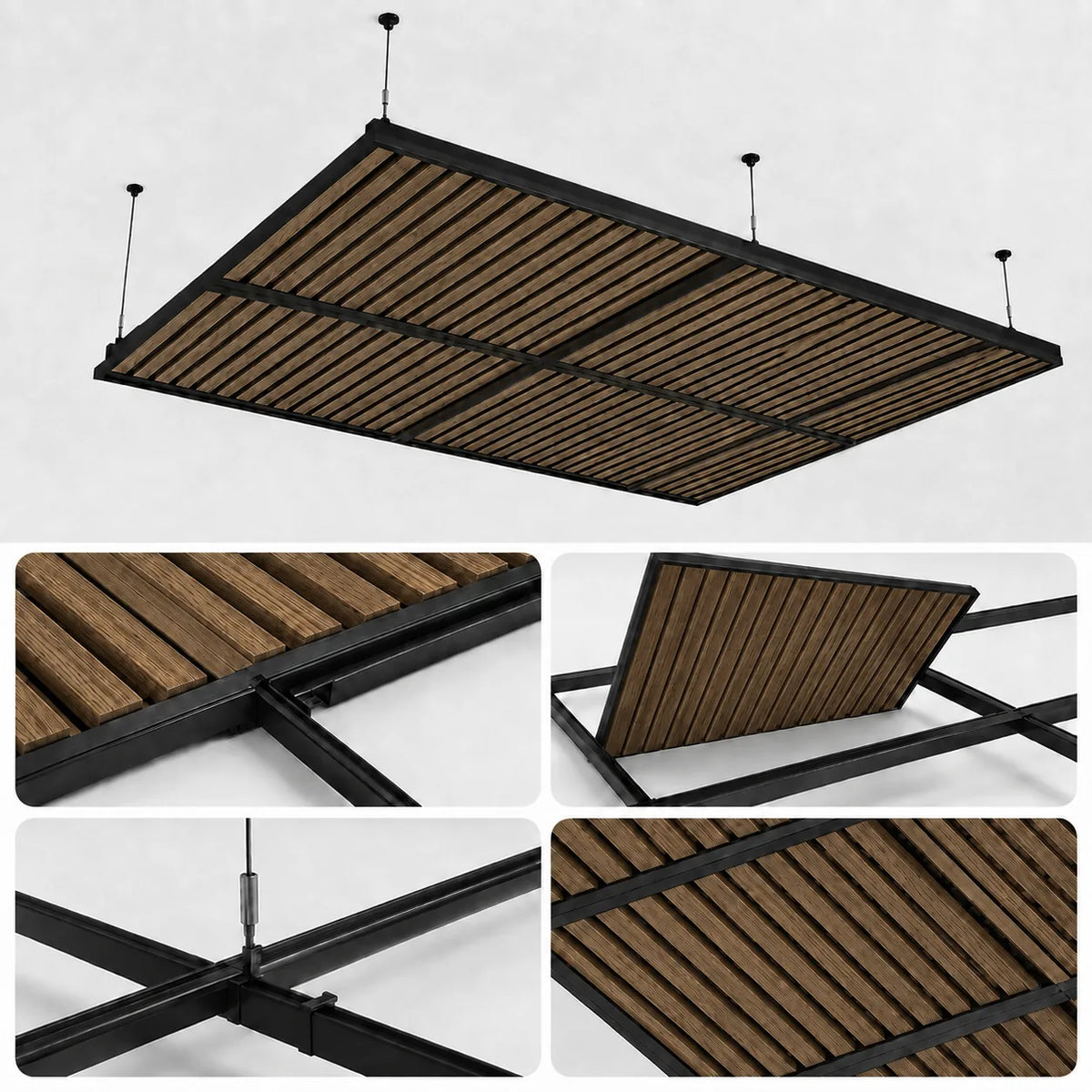 Dalle de plafond suspendu à tasseaux, finition Chêne bronze – vue technique et installation