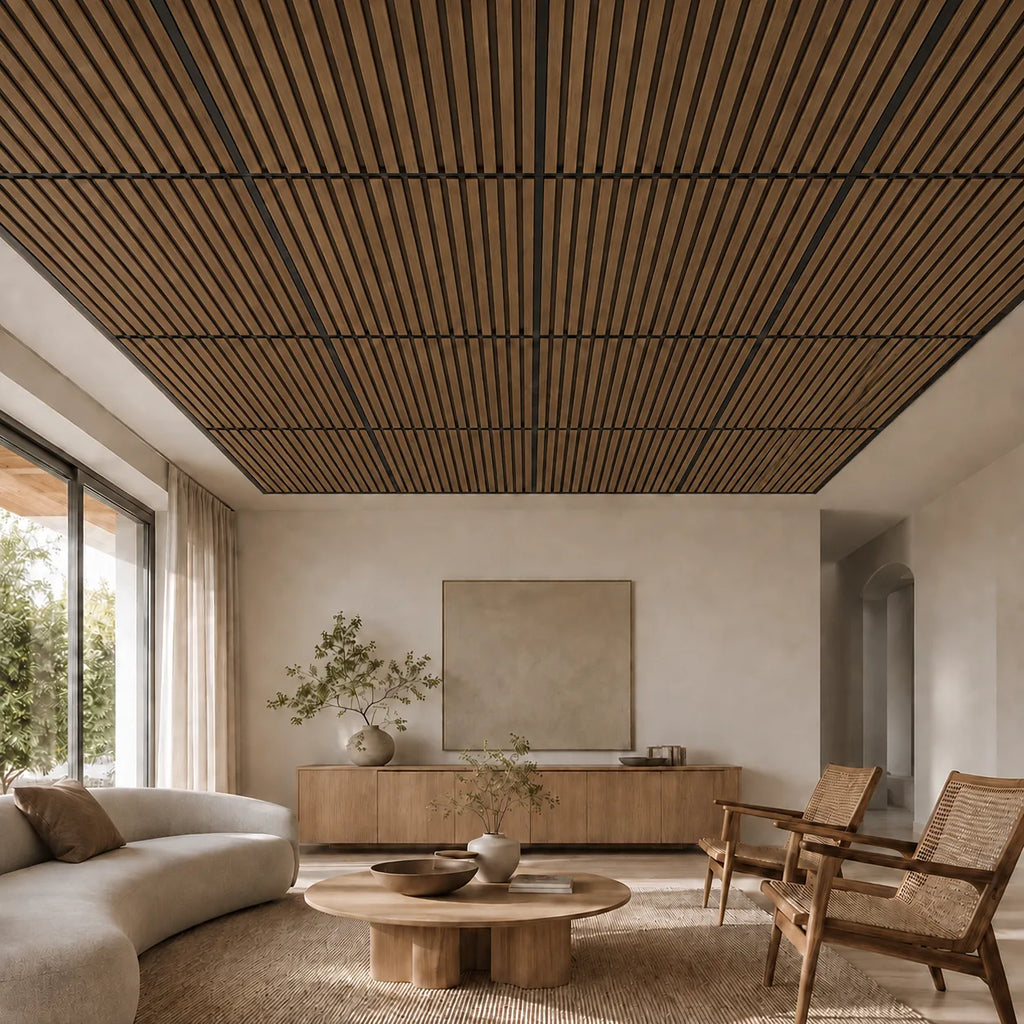 Dalle de plafond suspendu à tasseaux, finition Chêne bronze – mise en situation salon