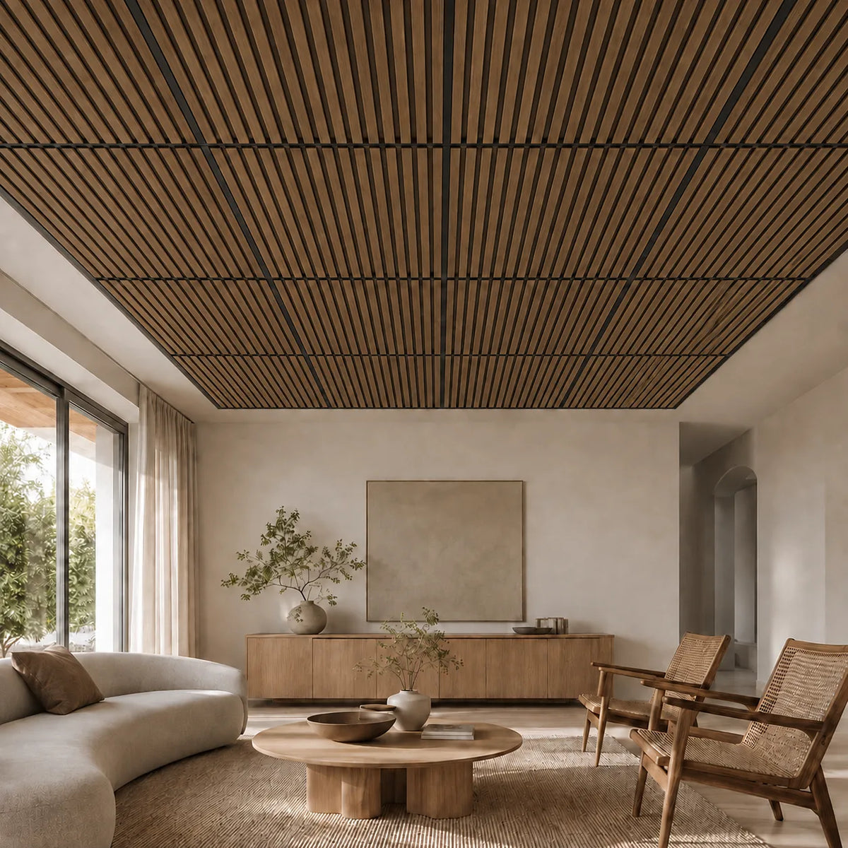 Dalle de plafond suspendu à tasseaux, finition Chêne bronze – mise en situation salon