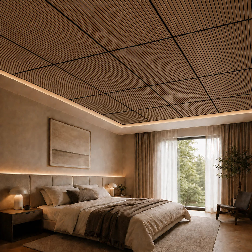 Dalle de plafond suspendu à tasseaux, finition Chêne bronze – mise en situation chambre