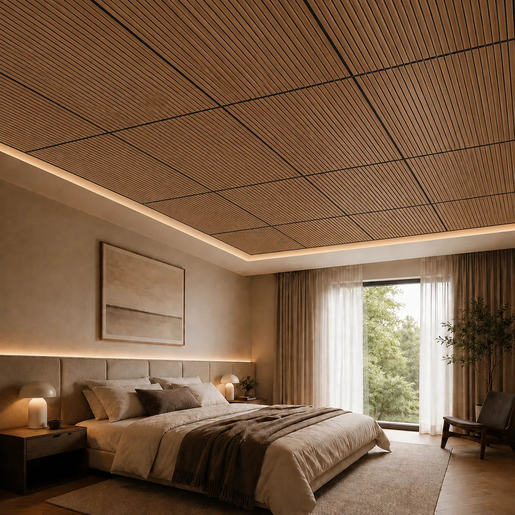 Dalle de plafond suspendu à tasseaux, finition Chêne clair – mise en situation chambre