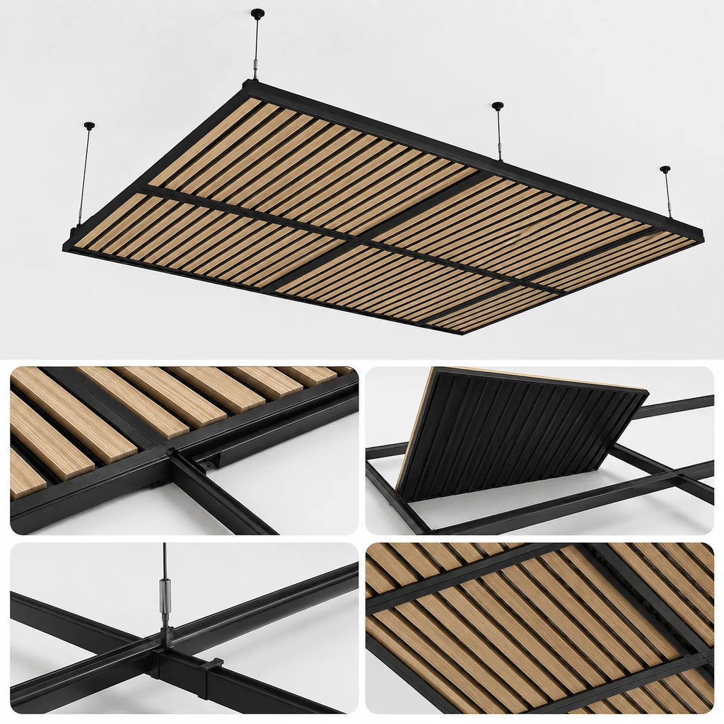 Dalle de plafond suspendu à tasseaux, finition Chêne clair – vue technique et installation