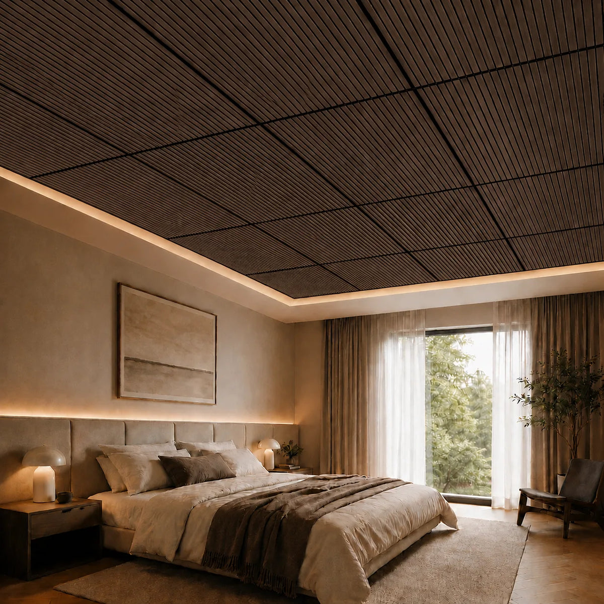 Dalle de plafond suspendu à tasseaux, finition Chêne fumé – mise en situation chambre
