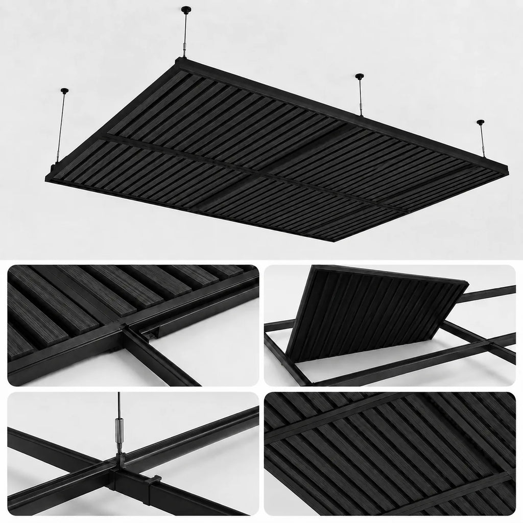 Dalle de plafond suspendu à tasseaux, finition Frêne noir – vue technique et installation