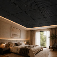Dalle de plafond suspendu à tasseaux, finition Frêne noir – mise en situation chambre