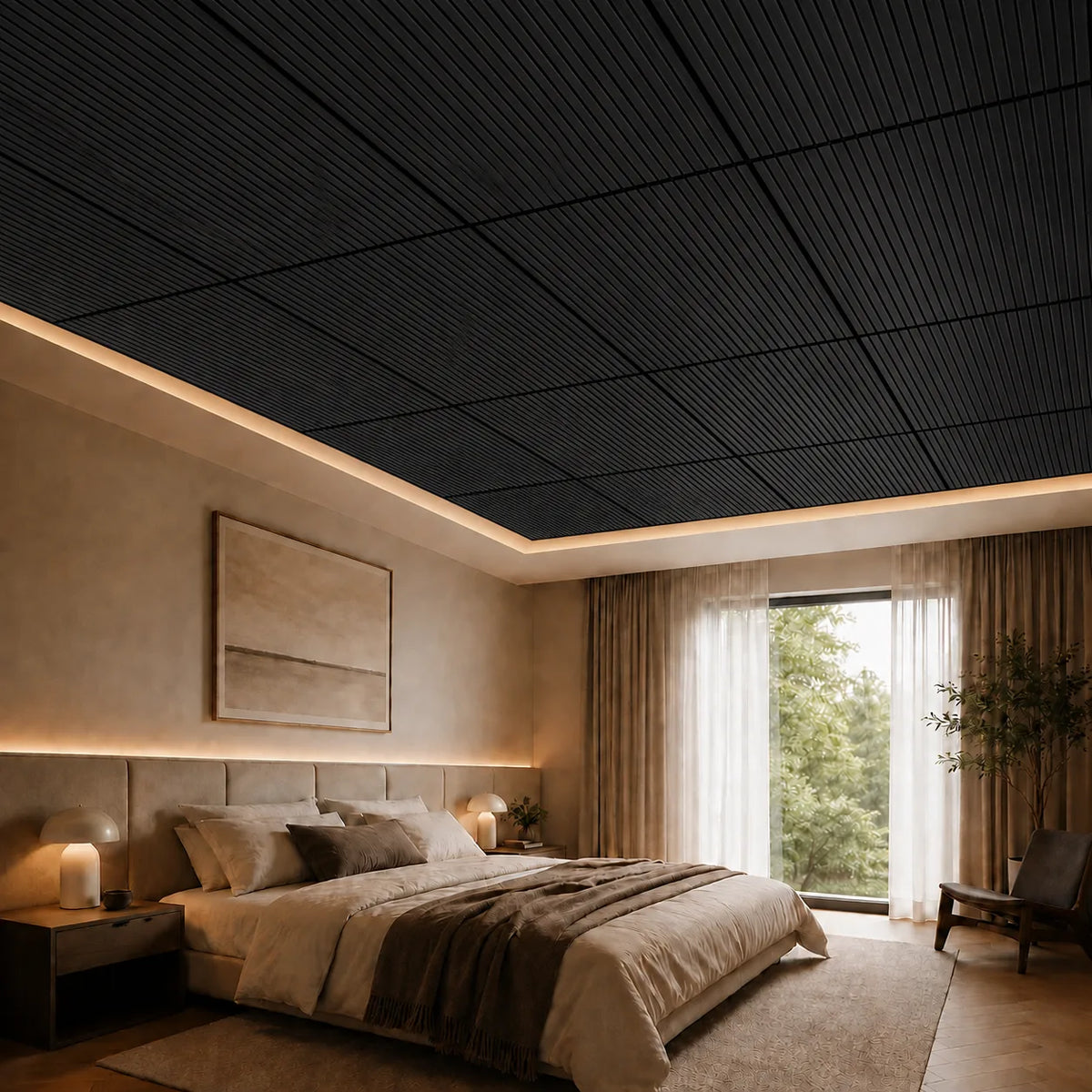 Dalle de plafond suspendu à tasseaux, finition Frêne noir – mise en situation chambre