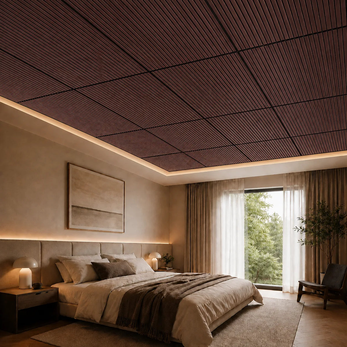 Dalle de plafond suspendu à tasseaux, finition Noyer – mise en situation chambre