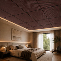 Dalle de plafond suspendu à tasseaux, finition Noyer – mise en situation chambre