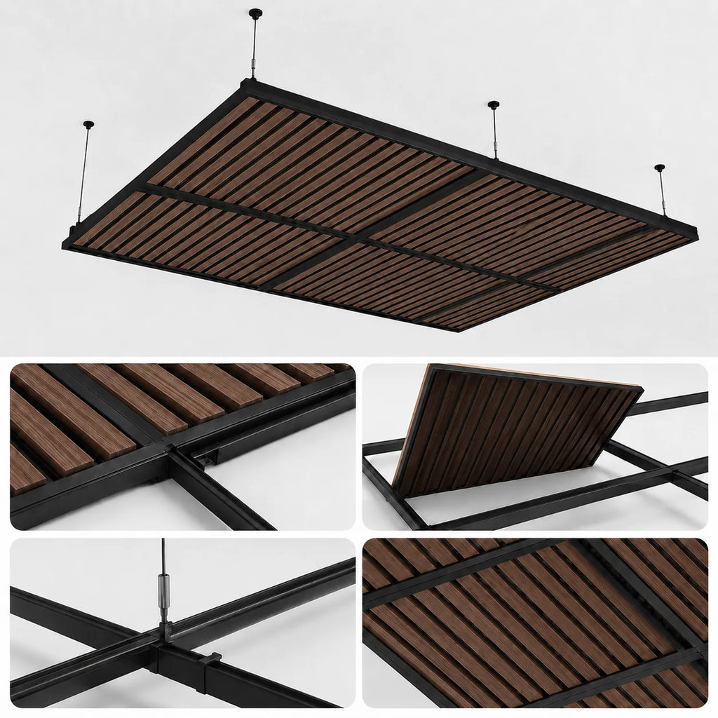 Dalle de plafond suspendu à tasseaux, finition Noyer – vue technique et installation
