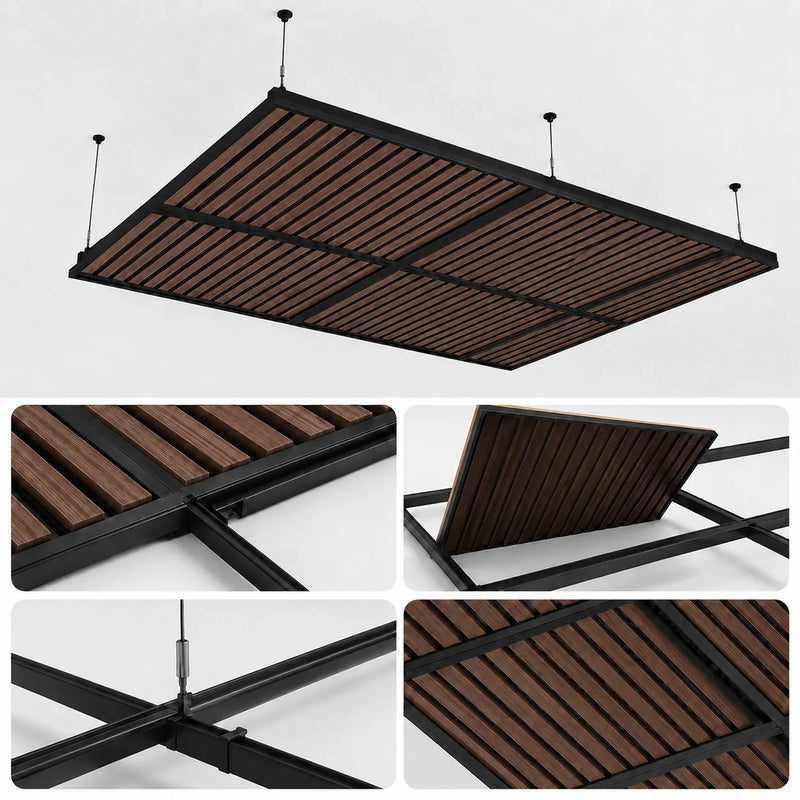 Dalle de plafond suspendu à tasseaux, finition Noyer – vue technique et installation