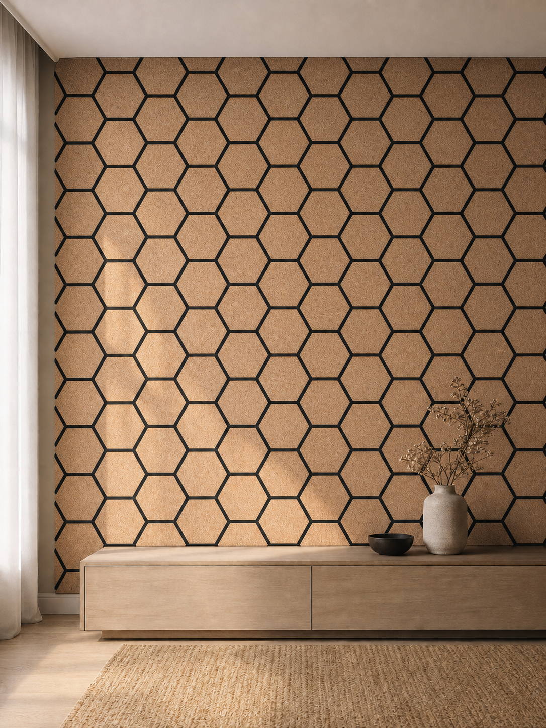 Panneaux acoustiques muraux hexagonaux en liège dans un salon contemporain