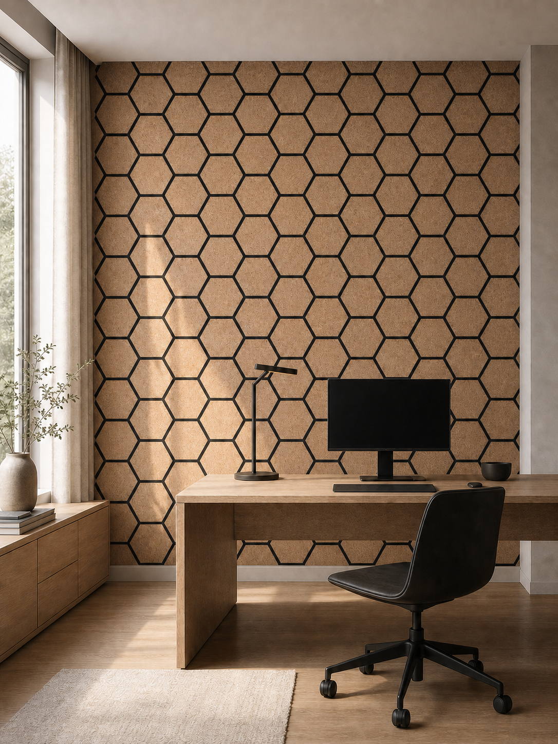 Panneaux acoustiques hexagonaux en liège dans un bureau contemporain
