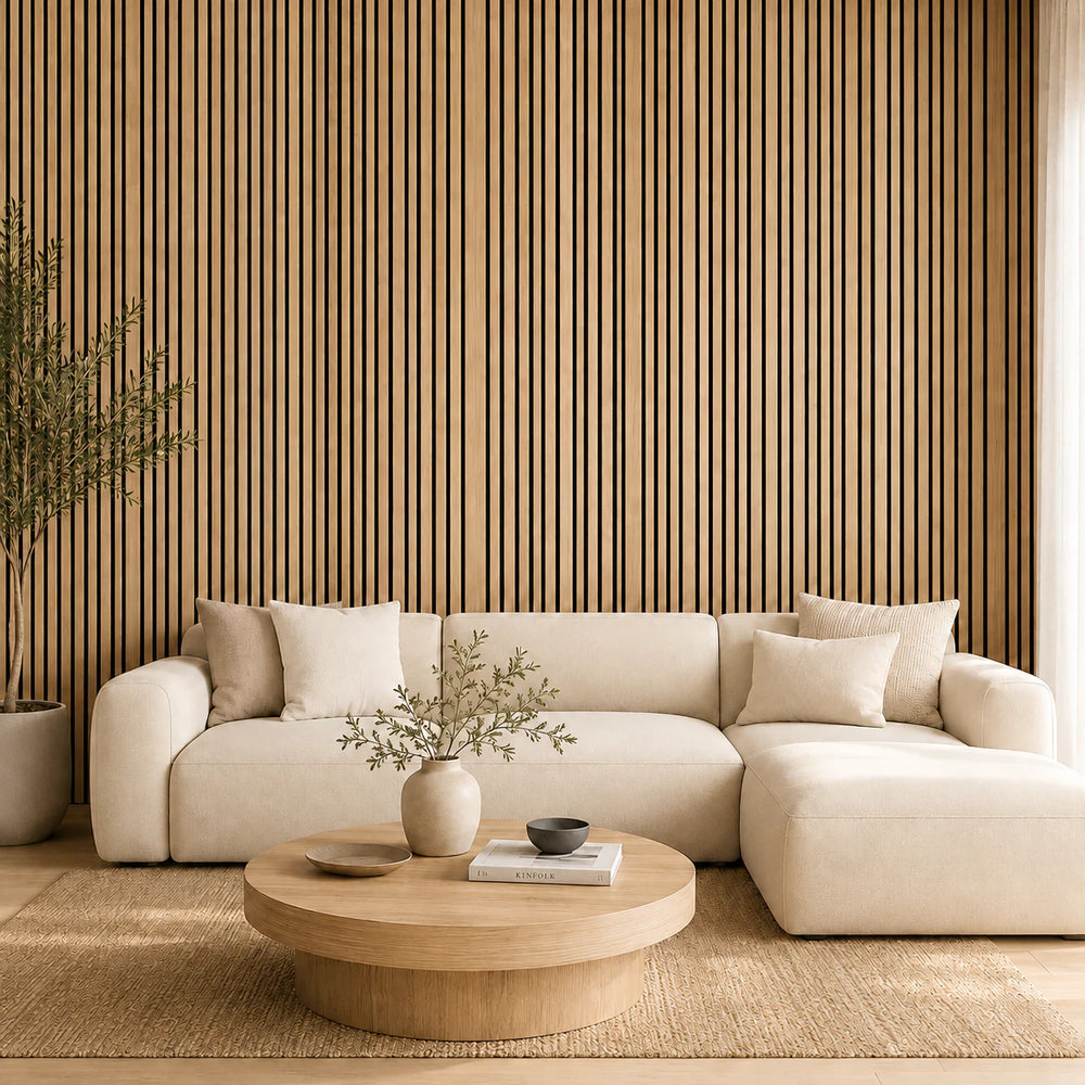 Panneau acoustique mural Barcode finition Chêne naturel – feutre noir installé dans un salon contemporain