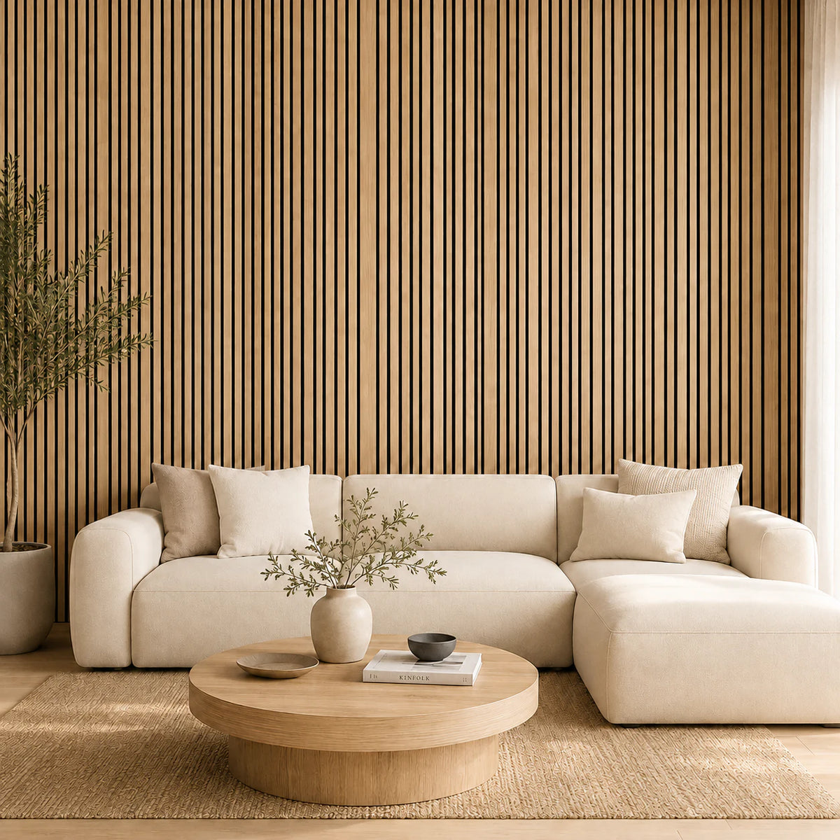 Panneau acoustique mural Barcode finition Chêne naturel – feutre noir installé dans un salon contemporain