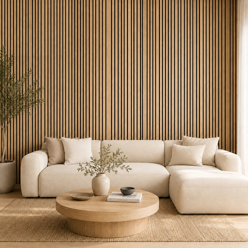 Panneau acoustique mural Barcode finition Chêne naturel – feutre noir installé dans un salon contemporain