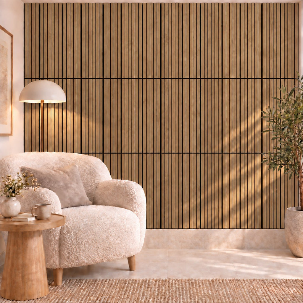 Panneau acoustique mural compact en chêne bronze – dans un salon, mur complet