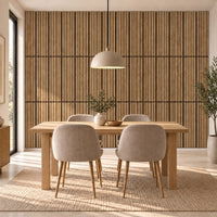 Panneau acoustique mural compact en chêne bronze – dans une salle à manger, mur complet