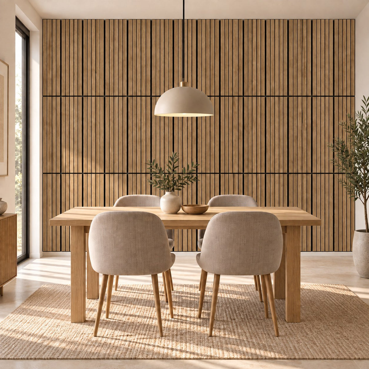 Panneau acoustique mural compact en chêne bronze – dans une salle à manger, mur complet