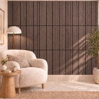 Panneau acoustique mural compact en chêne fumé – dans un salon, mur complet