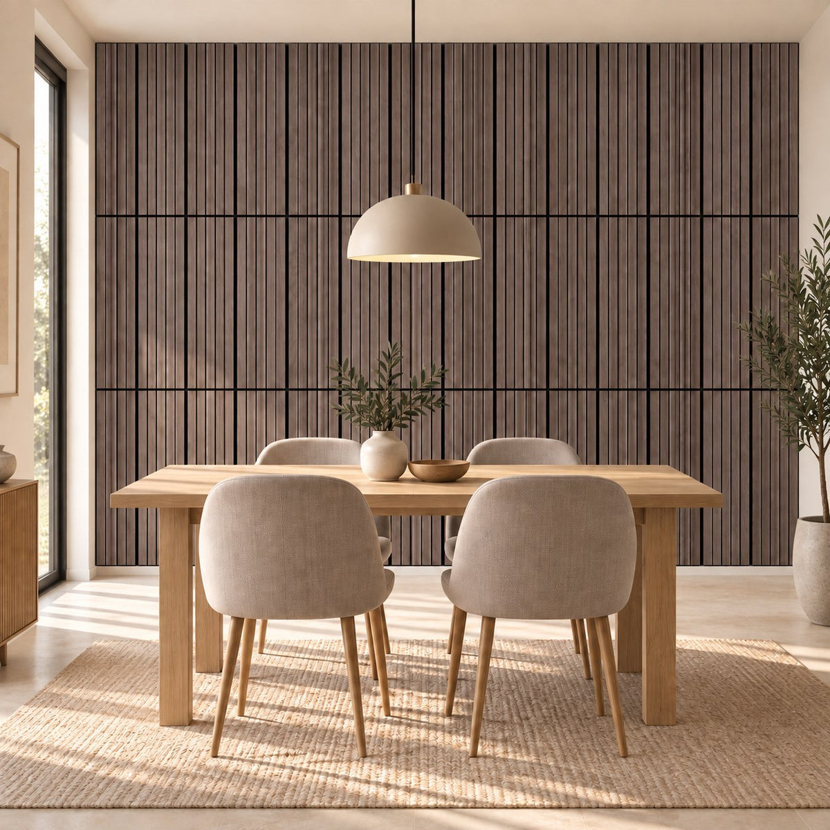 Panneau acoustique mural compact en chêne fumé – dans une salle à manger, mur complet