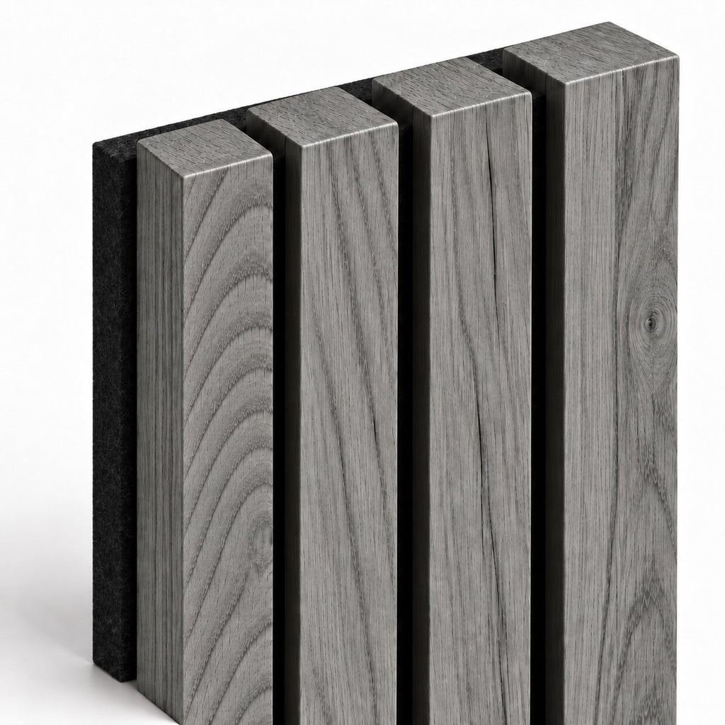 Panneau acoustique mural compact en chêne gris foncé – détail des tasseaux et du feutre arrière noir