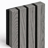 Panneau acoustique mural compact en chêne gris foncé – détail des tasseaux et du feutre arrière noir