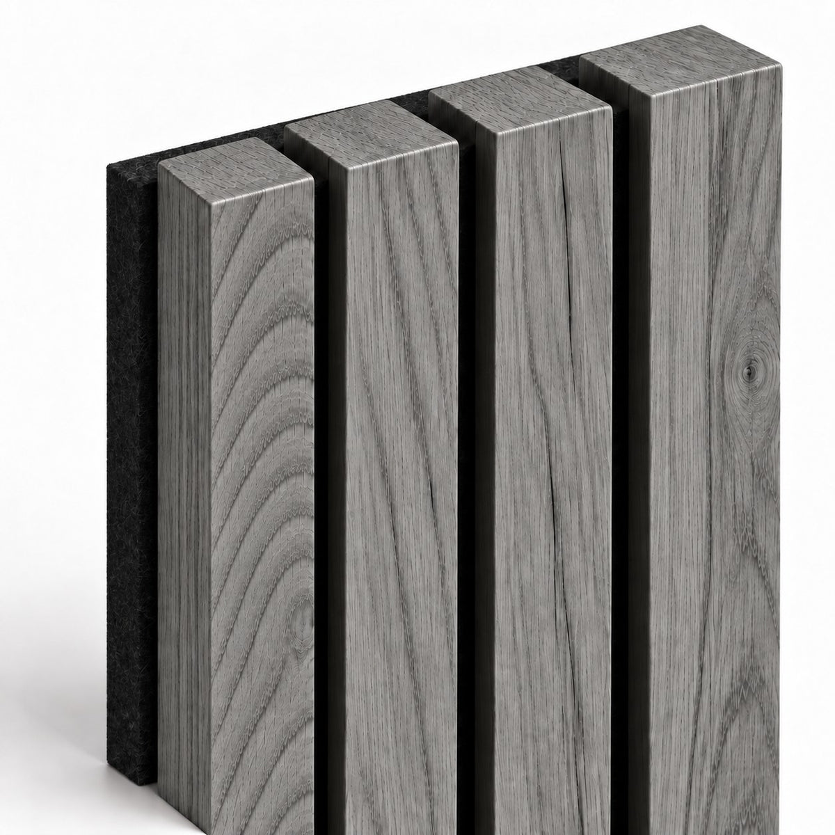 Panneau acoustique mural compact en chêne gris foncé – détail des tasseaux et du feutre arrière noir