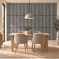 Panneau acoustique mural compact en chêne gris foncé – dans une salle à manger, mur complet