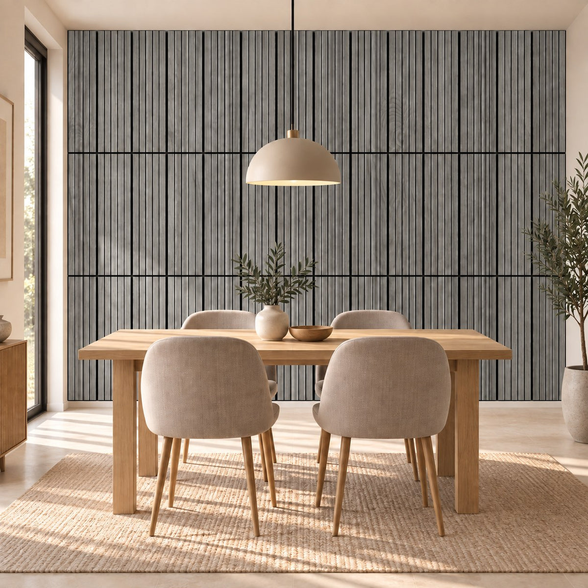 Panneau acoustique mural compact en chêne gris foncé – dans une salle à manger, mur complet