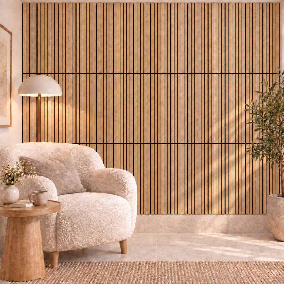 Panneau acoustique mural compact en chêne naturel – dans un salon, mur complet
